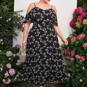 Plus Floral Print Cold Shoulder Dress